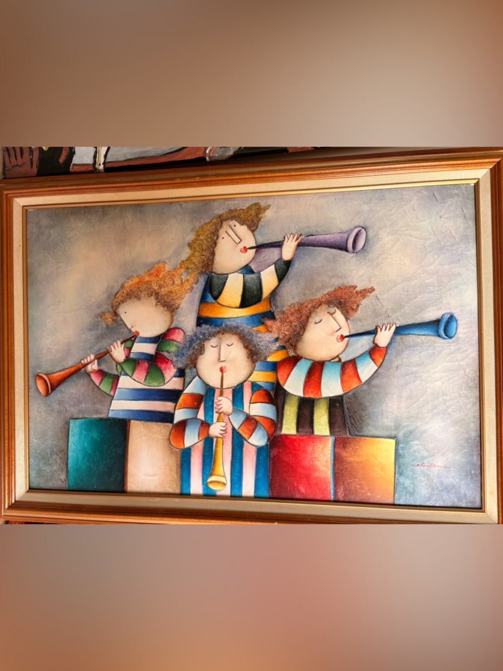 Large Joyce Roybal Painting of Trumpet Horn Musicians—28x40